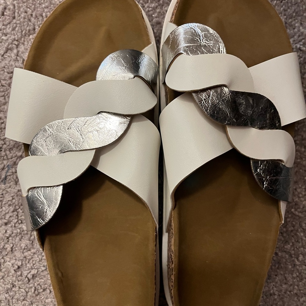 White and silver metallic sandals
